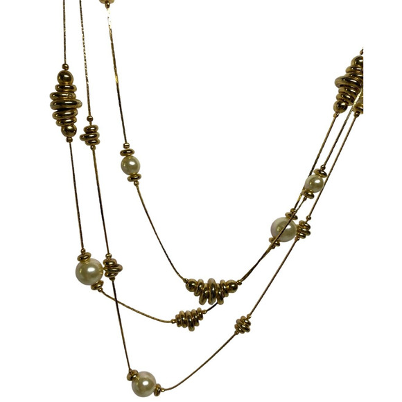 Vintage 70s Multi Strand Faux Pearl Gold Tone Bangle Beads Multi Chain Necklace - Picture 3 of 5